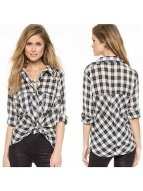 FREE PEOPLE Black White Plaid Cut-out Shoulder Snap Front Long Sleeve Shirt Sz M